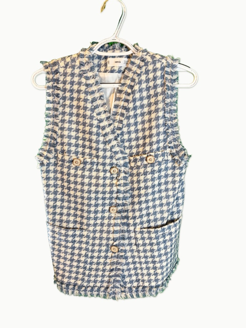 Mango Blue Tweed Vest Houndstooth Fringe XS